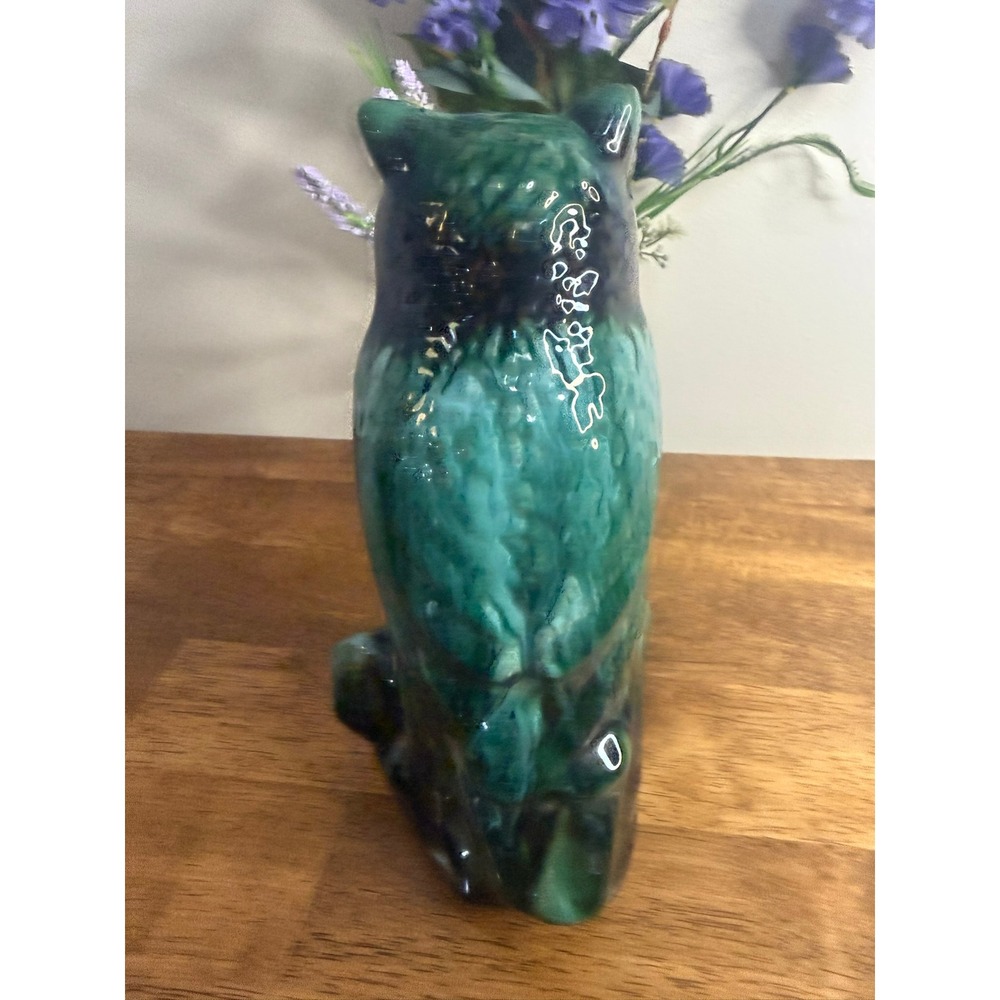 Large Vintage MCM Owl Ceramic Vase Planter Green Black Drip Glaze Pottery - Picture 7 of 10